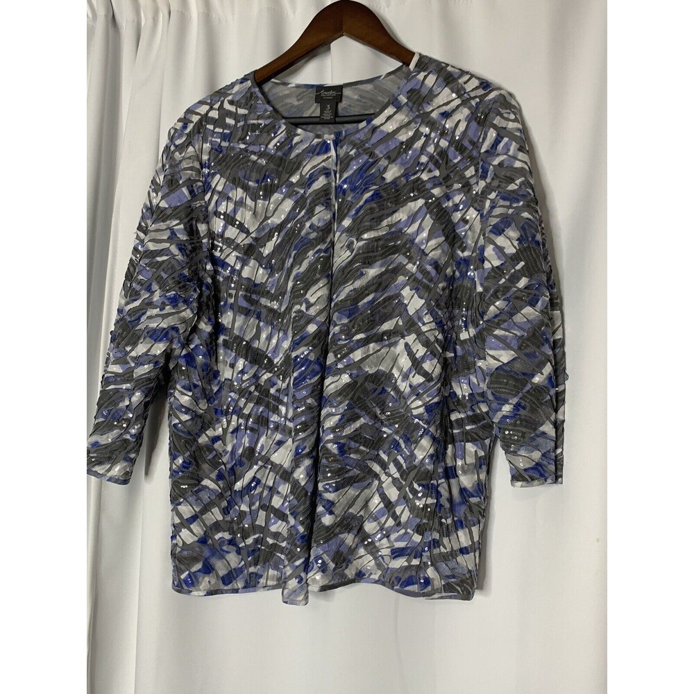 Chico's Travelers Jacket Blue Beaded Large animal abstract mesh Print 16 18 XL 3